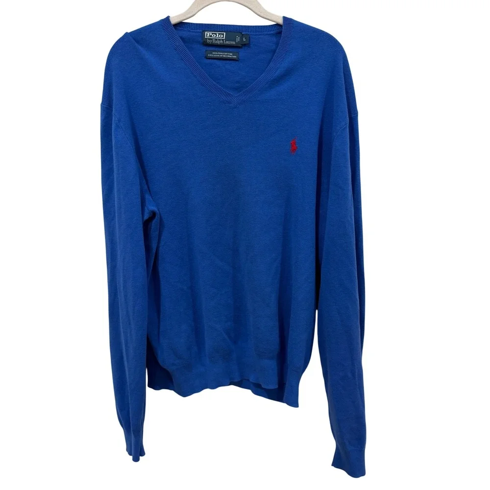 Polo Ralph Lauren Mens Royal Blue‎ Pima Cotton V-Neck Sweater Size L Red Pony